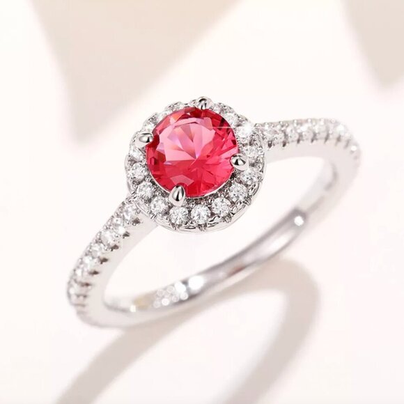 NEW 14k White Gold Ruby Diamond Ring Halo Round Cut - Picture 8 of 8